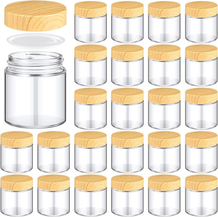 Norme 24 Pcs 4 oz Glass Jars with Lids Empty Small Glass Containers and Inner Liners Reusable Cosmetic Jars Round Airtight Bottles with Plastic Woodgrain Lids for Travel