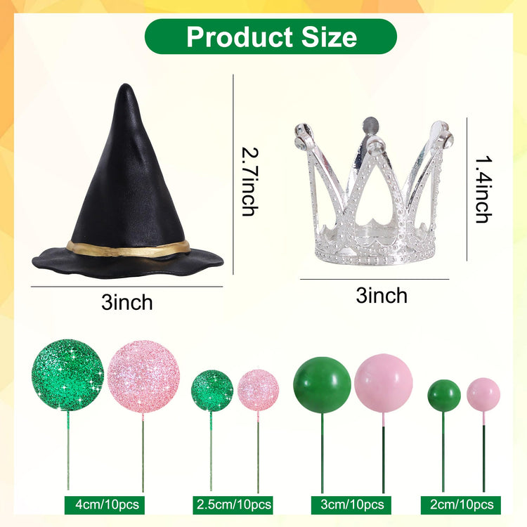 42 pcs Foam Ball Cake Toppers with Witch Hat and Crown Decorations Cake Decorations for Witch Theme Party Decor Pink and Green Decorations Supplies (42 Count)