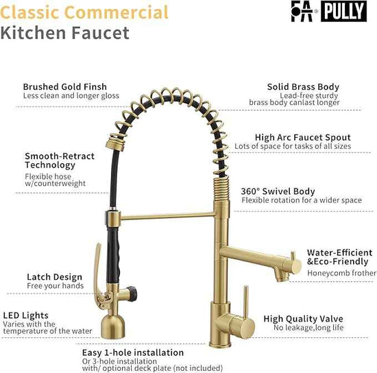 Fapully Single Handle High Arc Brushed Gold Pull Down Kitchen Faucet LED,Single Level Kitchen Sink Faucets with Pull Down Sprayer