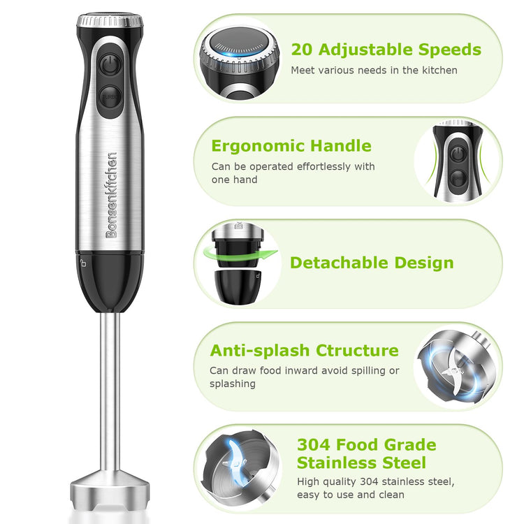 2-in-1 Immersion Handheld Blender with 20 Speeds & Turbo Mode