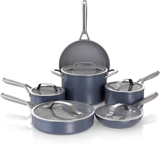 Ninja Ceramic Pro 11-Piece Cookware Set, Non-Stick Pots & Pans Set with Glass Lids, Nontoxic, PTFE Free, Ceramic Coated, Oven Safe, All Stovetops & Induction Compatible, Midnight Blue, CW39011MM