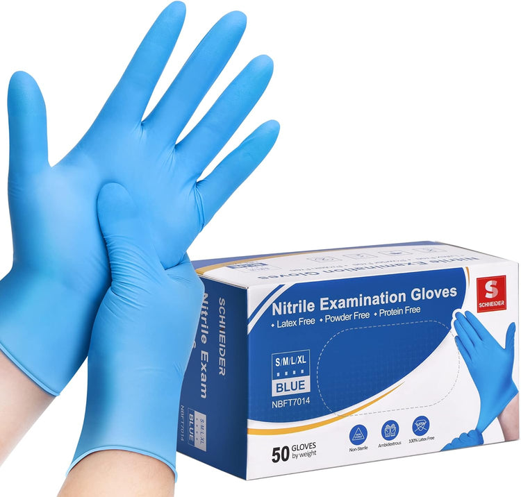 Schneider Nitrile Exam Gloves, Blue, 4 mil, Powder-Free, Latex-Free, for Medical Exam, Cleaning and Food Prep, Non-Sterile