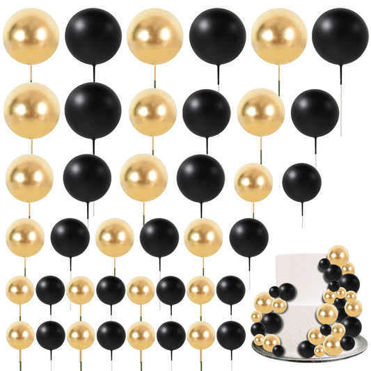 40 Pcs Ball Cake Toppers Mini Balls Cake Decorations Black Gold Foam Balls Sticks DIY Cake Topper for Congrats Grade 2026 Graduation Men Birthday New Year Retirement Party Decorations (40 Count)