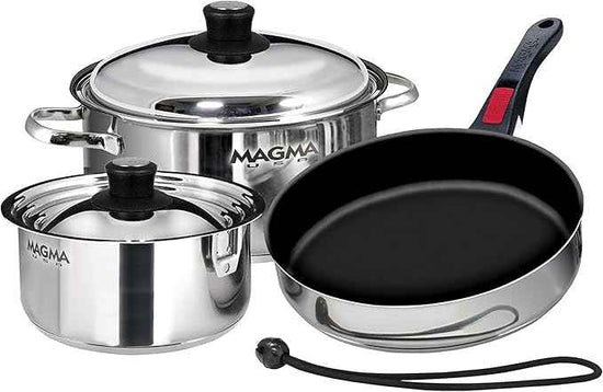 Magma 7 Piece Gourmet Nesting Stainless Steel Cookware Set with Ceramica Non-Stick, Induction Compatible, Oven Safe to 500°F - Suitable for All Stovetops, Removable Handles, Stainless Steel