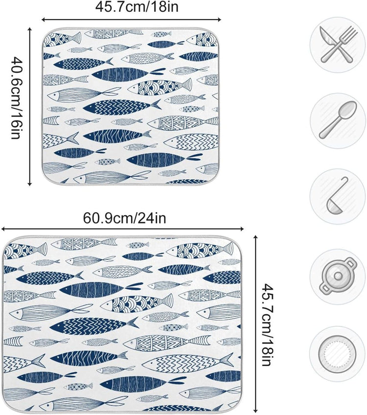 Cartoon Fish Dish Drying Mat for Kitchen Counter Absorbent Microfiber Drying Pad, Large 18x24 in, Reversible Drainer Mats