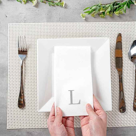 Luxenap 15.8 X 7.9 Inch Linen-Feel Guest Towels, 2000 Lettered Hand Towels - Silver Letter 'L', Sans Serif Font, White Paper Dinner Napkins, airlaid, For Restrooms And Tables - Restaurantware