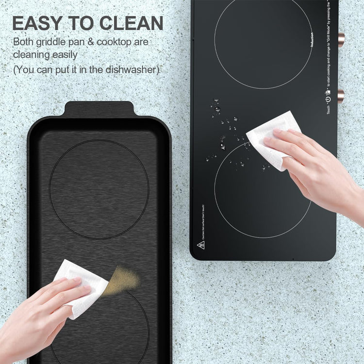 Portable Double Induction Cooktop with Removable Non-Stick Cast Iron Griddle Pan, 2 Burner Electric Stove with Timer & Digital Temperature Control, Black