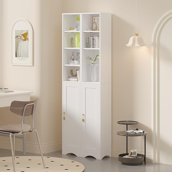 VECELO 71 Inch Tall Storage Cabinet - 6 Adjustable Shelves, Bottom Enclosed Storage, Elevated Moisture-Proof Base, Organizer for Bathroom Kitchen Pantry-White