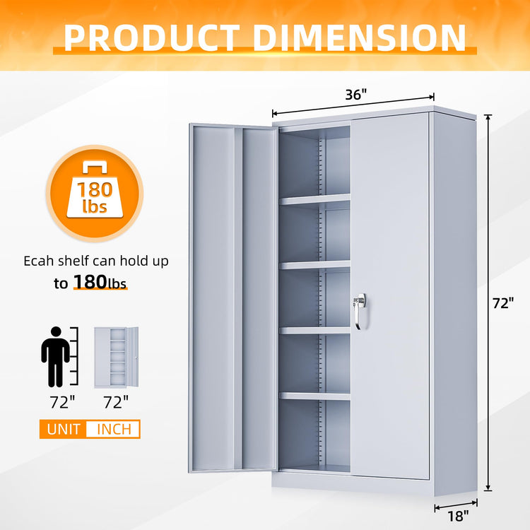 Metal Storage Cabinets 72” Cement Grey Garage Steel Storage Cabinet with Doors and Shelves
