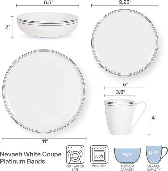 Everyday White by Fitz and Floyd Nevaeh Bone China Coupe Platinum Bands Dinnerware Set, Service for 4