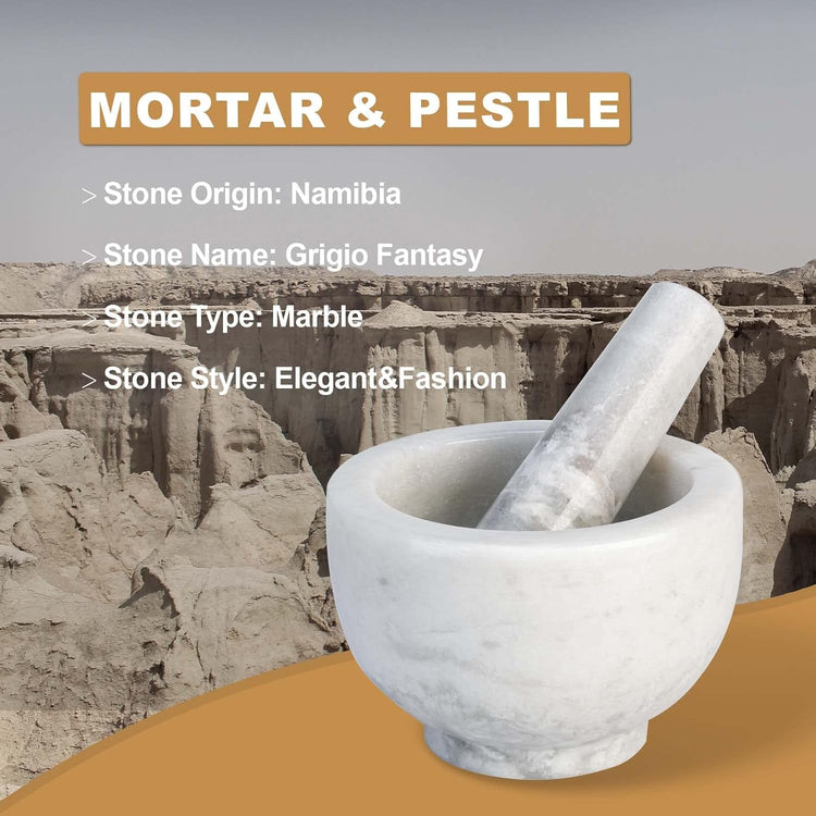 Koville Marble Mortar and Pestle Set, 5"-1.5 Cups Grinder Bowl for Guacamole, Salsa, Pill Crusher, Spice, Herb, Garlic, Nut, Heavy Duty Grinder for Kitchen(Grigio Fantasy)