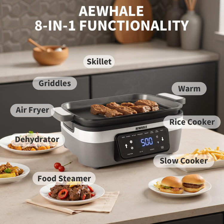 8-in-1 Digital Multifunctional Electric Skillet with Lid