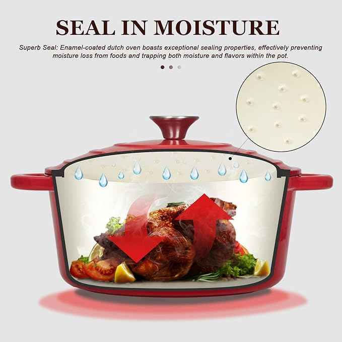 Overmont Enameled Cast Iron Dutch Oven - 4.5QT Pot with Lid Cookbook & Cotton Potholders - Heavy-Duty Cookware for Braising, Stews, Roasting, Bread Baking red