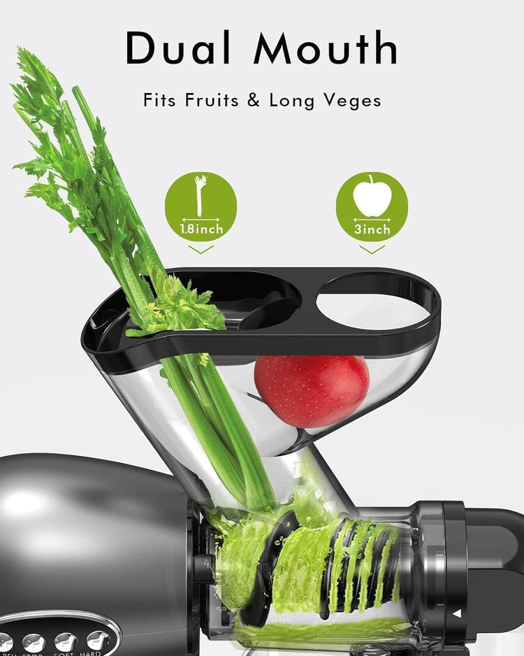 SiFENE Cold Press Juicer, 3” Wide Dual Chute Whole Slow Masticating Juicer Machine with Anti Clog Function for Celery Wheatgrass, Fruit and Vegetable Juice Extractor, Non-BPA, Easy to Clean