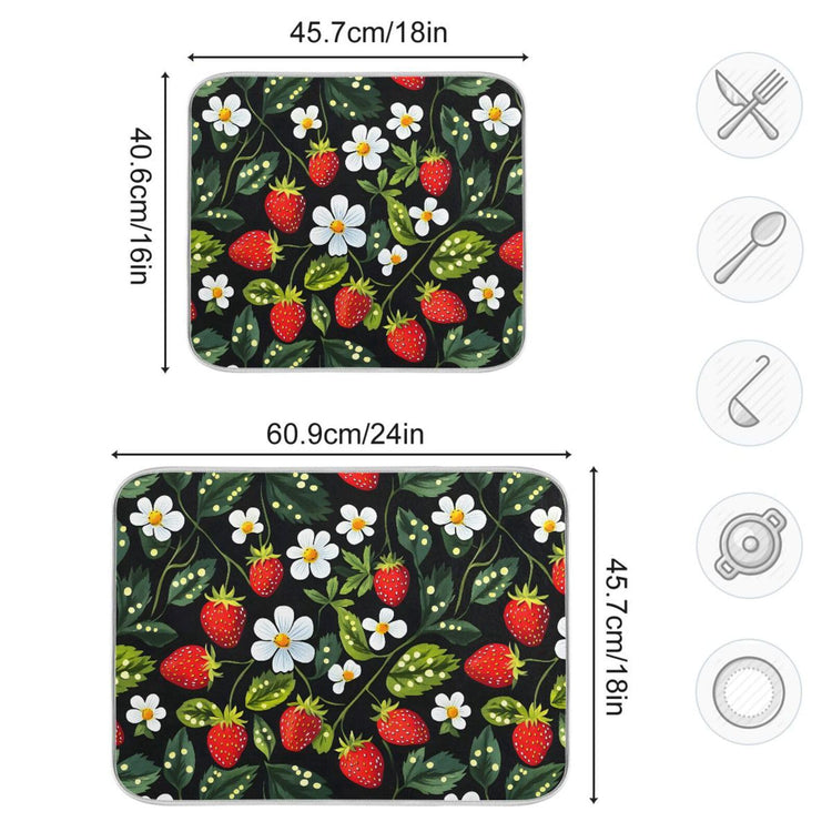 Strawberries White Flowers Dish Drying Mat for Kitchen Counter Absorbent Microfiber Drying Pad