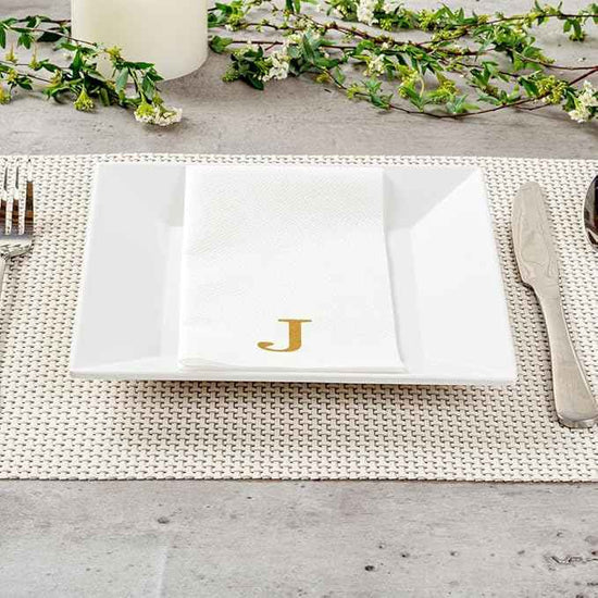 Luxenap 15.8 X 7.9 Inch Linen-Feel Guest Towels, 50 Lettered Hand Towels - Gold Letter 'J', Sans Serif Font, White Paper Dinner Napkins, airlaid, For Restrooms And Tables
