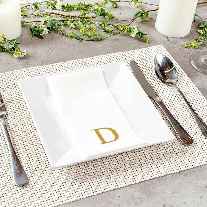 Luxenap 15.8 X 7.9 Inch Linen-Feel Guest Towels, 50 Lettered Hand Towels - Gold Letter 'D', Sans Serif Font, White Paper Dinner Napkins, airlaid, For Restrooms And Tables - Restaurantware