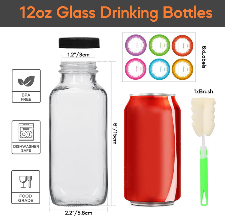 STARSIDE 12 oz Glass Juice Bottles with Lids 6 Pack - Square Reusable Drinking Jars for Juicing, Milk, Kombucha - Includes 1 Bottle Brush, 6 Colored Labels