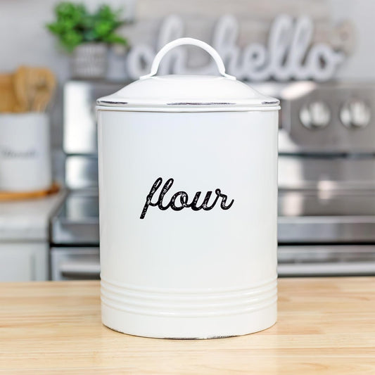 AuldHome Design Enamelware White Flour Canister; Rustic Distressed Style Staples Storage for Kitchen
