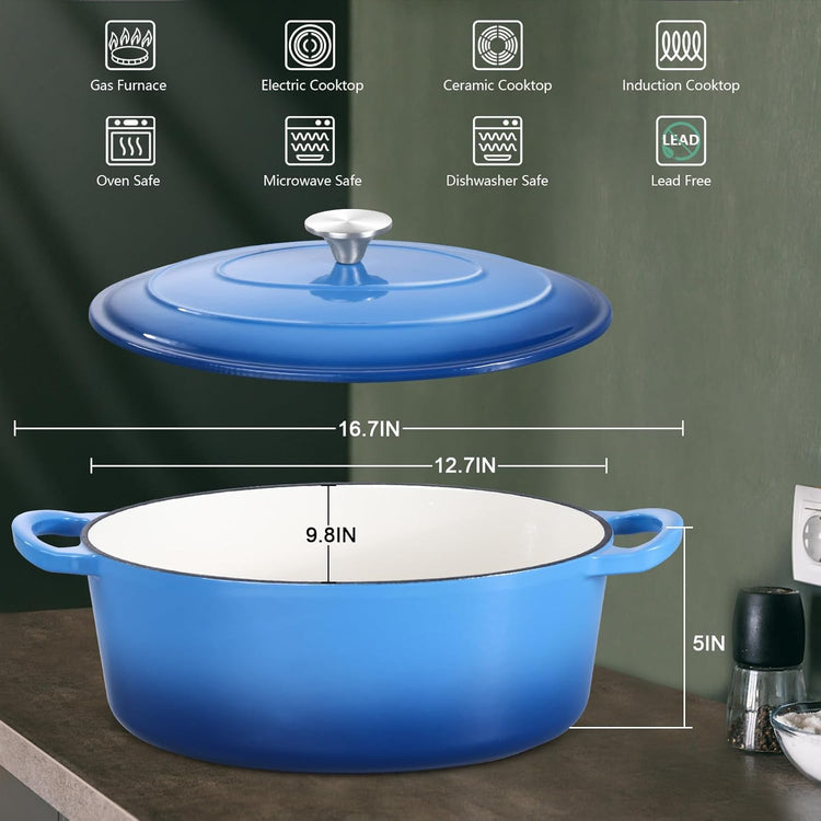 7 Quart Oval Dutch Oven with Lid, Leonyo 7QT Enameled Oval Cast Iron Dutch Oven for Sourdough Bread Breaking, Heavy Duty Cookware for Braising, Stews, Roasting, Blue - Nestoria