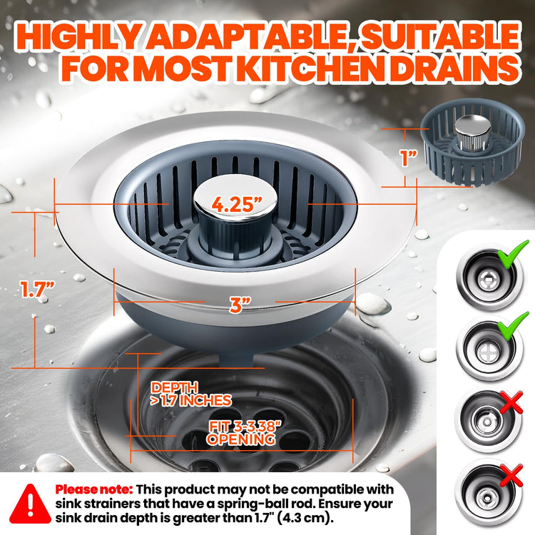 3 in 1 Kitchen Sink Drain Strainer and Stopper Silver 1 Pack