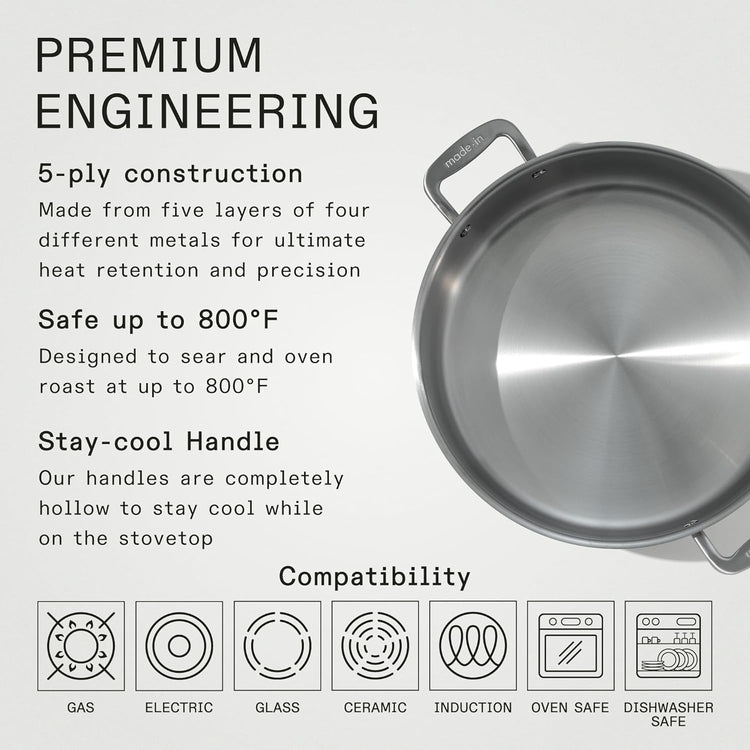 Made In Cookware - 10 Quart Stainless Steel Rondeau Pot w/Lid - 5 Ply Stainless Clad - Professional Cookware - Crafted in Italy - Induction Compatible