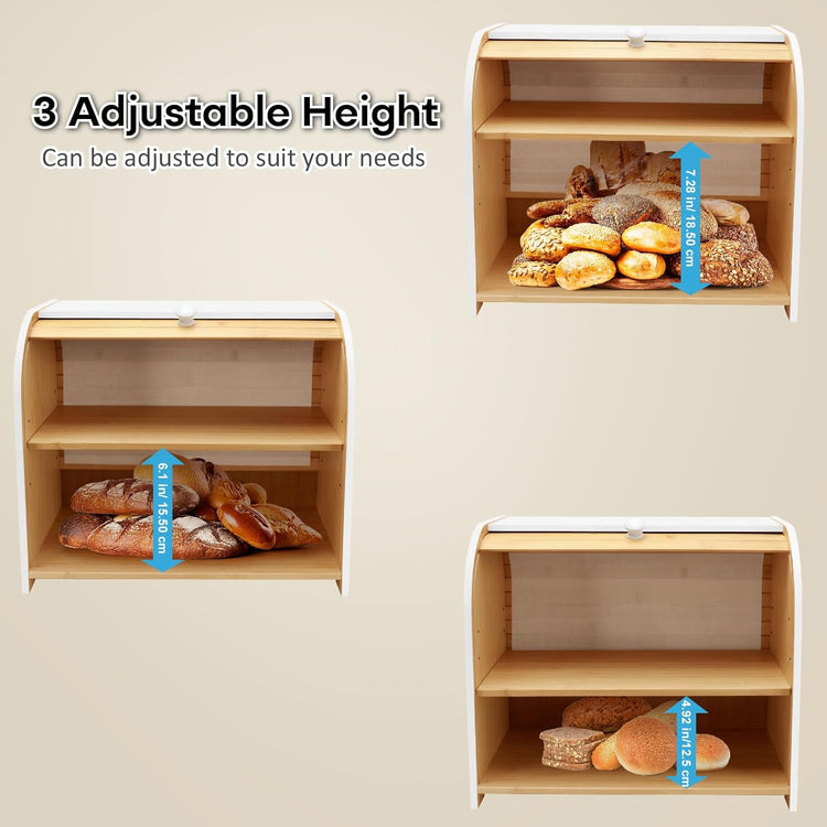 Bread Box for Kitchen Countertop, Double Layer Bamboo Bread Storage Container for Homemade Bread, Roll Top Bread Box with 3 Adjustable Height for Kitchen Counter, White Breadbox Organizer