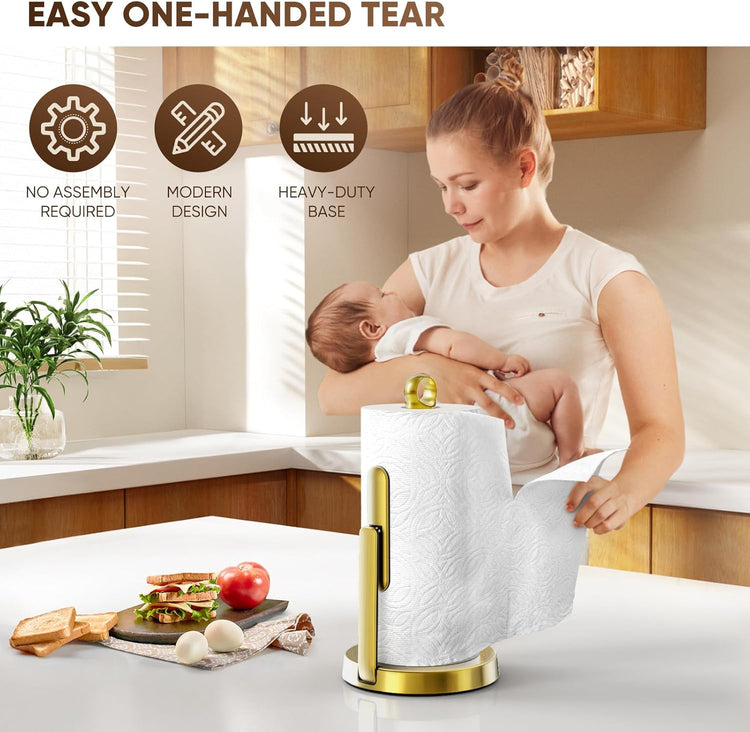 theaoo Heavy-Duty Stainless Steel Paper Towel Holder with Tension Arm – Easy One-Handed Tear, Modern Standing Countertop Dispenser for Kitchen, Holds All Paper Towel Rolls (1, Gold)