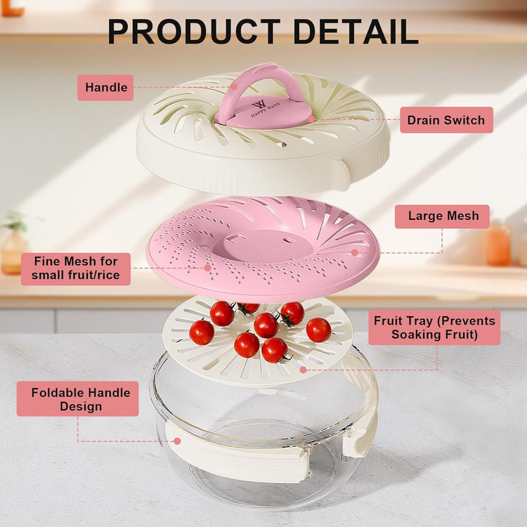 2 Pcs, Fruit Washing Bowl with Strainer, fruit strainer container with lid, Portable Fruit Colander with Collapsible Handle, Strawberries Container Salad Stir for Kitchen Picnic, Large & Small