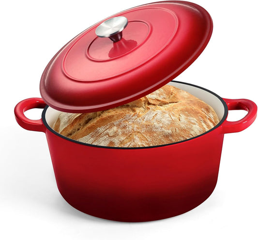P&P CHEF 5QT Enameled Dutch Oven, Cast Iron Dutch Oven Pot with Lid for Bread Baking, Enameled Casserole Pot for Roasting Braising Stewing Frying Simmering, Various Stoves & Easy Clean, Red - Nestoria
