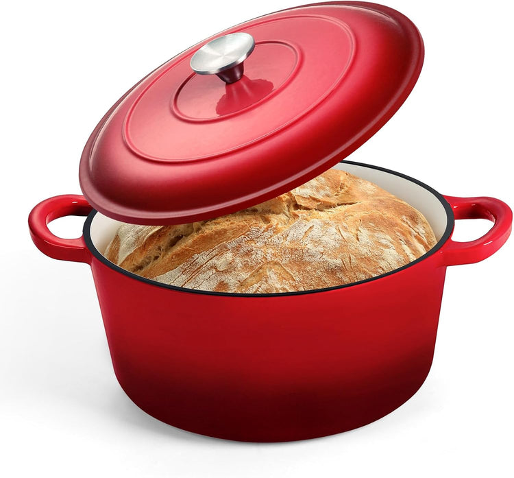 P&P CHEF 5QT Enameled Dutch Oven, Cast Iron Dutch Oven Pot with Lid for Bread Baking, Enameled Casserole Pot for Roasting Braising Stewing Frying Simmering, Various Stoves & Easy Clean, Red - Nestoria