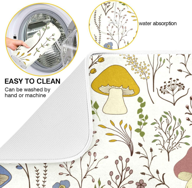 Cute Mushroom Wild Plant Dish Drying Mat for Kitchen Counter Absorbent Microfiber Drying Pad, Medium 16x18 in, Reversible Drainer Mats