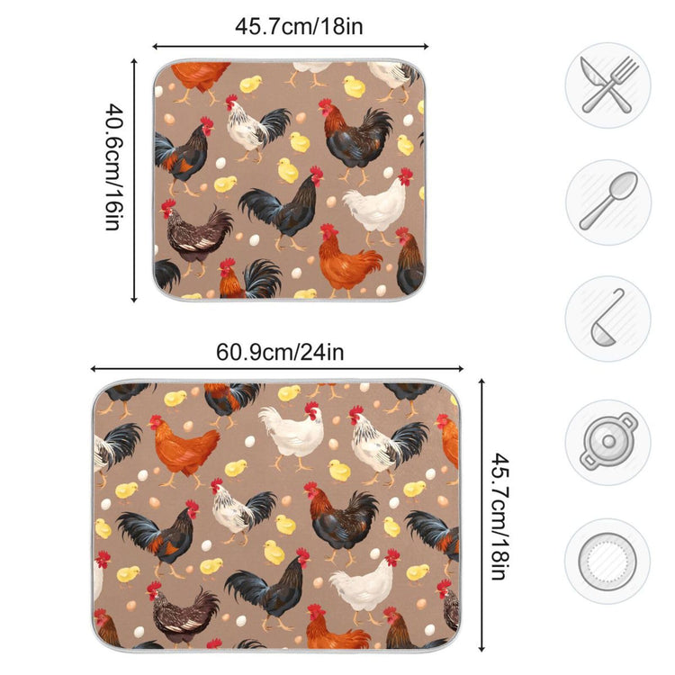 Colorful Hens Roosters Dish Drying Mat for Kitchen Counter Absorbent Microfiber Drying Pad