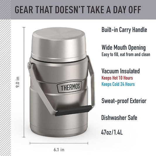 THERMOS Stainless King Vacuum-Insulated Food Jar with 2 Storage Container Inserts, 47 Ounce, Matte Stainless Steel