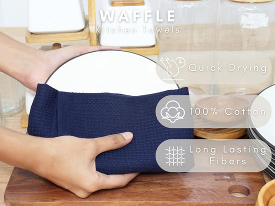 PurpleEssences Waffle Weave Kitchen Towel, 100% Cotton - 15 x 25 Inches, with Hanging Loop Ultra Soft Absorbent Quick Drying Dish Cloth, Tea and Hand Towels, 4 Pack - Navy Blue - Nestoria