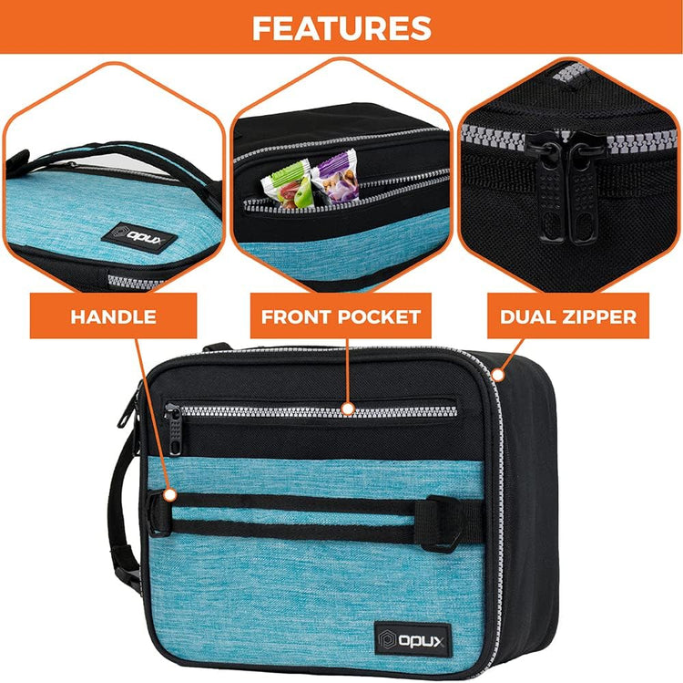 opux Insulated Lunch Box for Men Women Adult, Compact Lunch Bag for Kids Boy Girl Teen, Soft Lunch Cooler Bag for Work School, Leakproof Lunchbox Lunch Pail with Clip-on Buckle, Heather Sea Blue