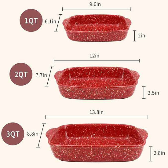 3-Pack Ceramic Lasagna Pan,Heavy-Duty Rectangular Baking Dishes, High Heat Resistant Oven-Safe Stoneware Casserole with Handles,Home Baking,Speckle Series(13.8''/12''/9.6'' Red)