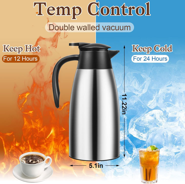 2 PCS 68 OZ Thermal Coffee Carafe, Insulated Stainless Steel Coffee Carafe Double Walled Vacuum Thermal Pot Flask with Brushes Thermos for Keeping Hot Coffee Tea Home and Office (Silver)