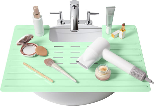 Maplefield Silicone Over-the-Sink Makeup Mat - Mint 22 x 2 x 2 In - Heat-Resistant up to 400°F - Foldable Sink Cover for Counter Space - Travel-Friendly Vanity Topper