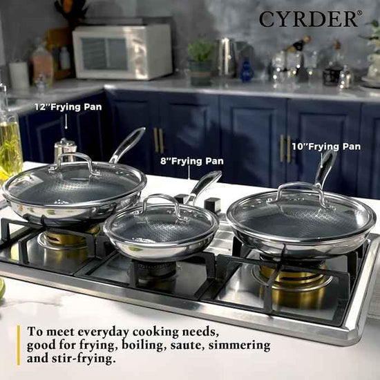Nonstick Frying Pan Set, 8, 10 and 12-inch Frying Pans, 6-Piece Hybrid Non stick 18/10 Stainless Steel Pans with Lid, Induction Compatible, Dishwasher &Oven Safe, PFOA Free