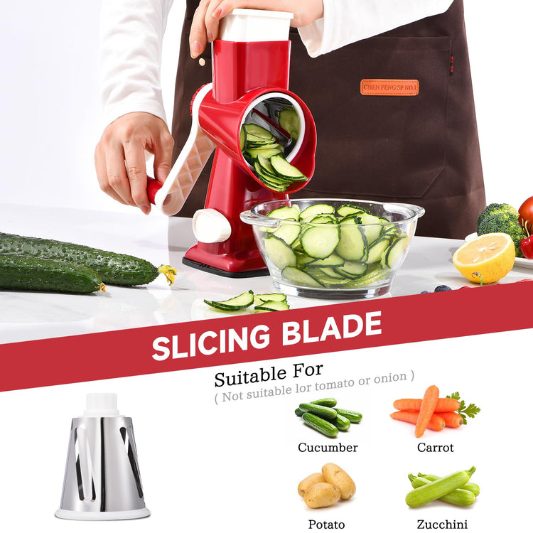 Rotary Cheese Grater with Handle Kitchen Shredder Slicer Grater Slicer Ice Shaver Cheese Vegetable Nuts Potato Zucchini Chocolate 3 Interchangeable Blades