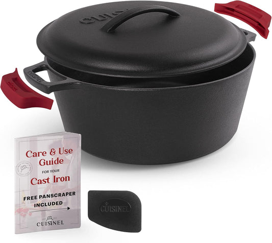 Cuisinel Cast Iron Dutch Oven - 7-Quart Deep Pot + Lid + Pan Scraper + Handle Covers - Large Pre-Seasoned Cooker for Baking Bread, Soup, Frying - Indoor/Outdoor Kitchen, Camping, Fire, BBQ Safe - Nestoria