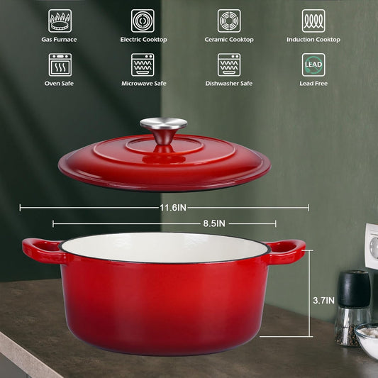 3QT Dutch Oven Pot with Lid, Leonyo 3 Quart Enameled Cast Iron Dutch Oven for Sourdough Bread Baking, Heavy Duty Cookware for Braising, Stews, Roasting, Red - Nestoria