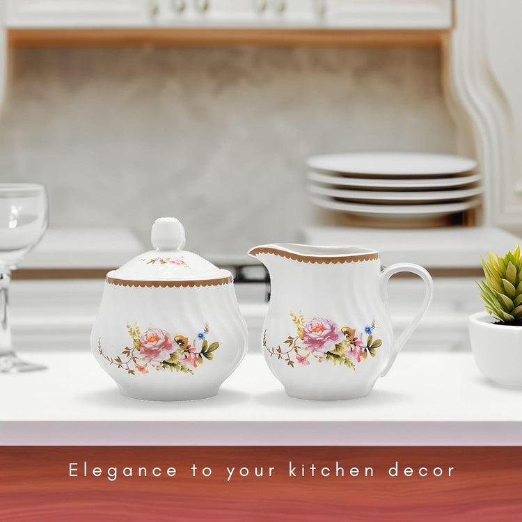 Sugar and Creamer Set - Porcelain Sugar and Creamer Floral Vintage Tea Set with Elegant Embossed Swirls - Exquisite Fine China Tea Set for Parties & Celebrations - Timeless Rose Set by Lynns