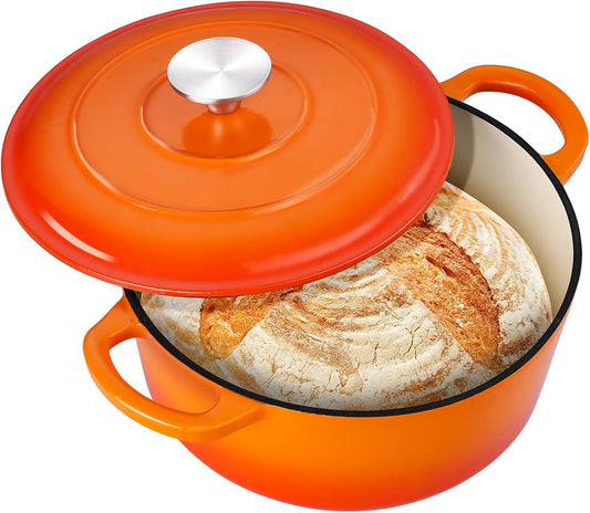 3QT Dutch Oven Pot with Lid, Leonyo 3 Quart Enameled Cast Iron Dutch Oven for Sourdough Bread Baking, Heavy Duty Cookware for Braising, Stews, Roasting, Orange - Nestoria