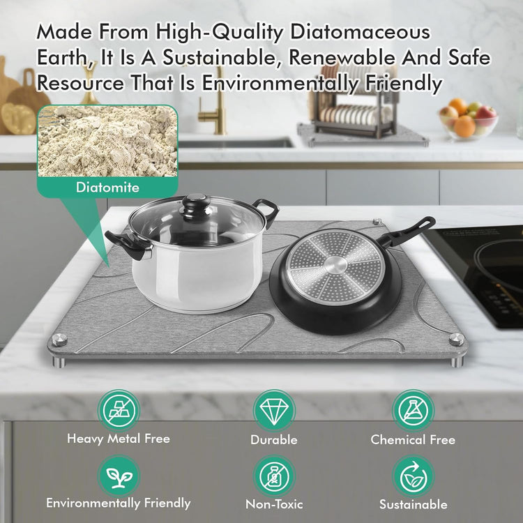 Stone Drying Mat For Kitchen Counter Superb Absorbent Diatomaceous Earth Mats with Non-Slip Feet Quick Dry Stone Dish Drying Pad Dish Pad Multi-Purpose(Flow Line-MediumGray, 15.7" x 11.8")