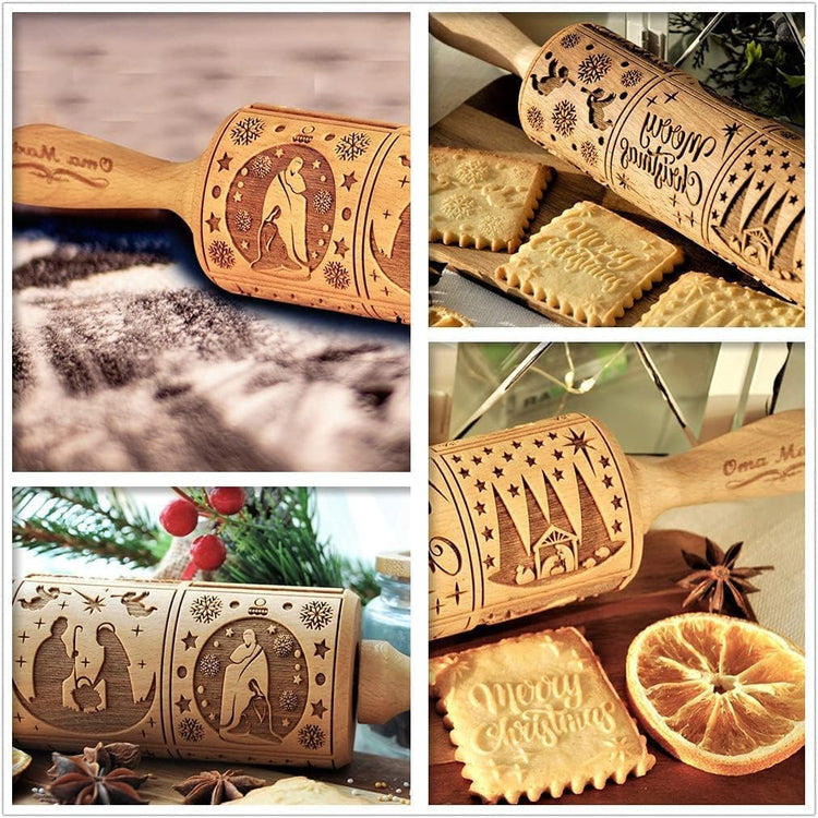 Christmas Wooden Rolling Pin for Baking Engraved Embossing Rolling Pin Cookie Stamps Roller Square Grid Cookies Mold Kitchen Decor Tools for Baking Embossed Cookies