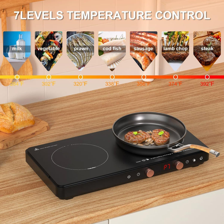 Portable Double Induction Cooktop with Removable Non-Stick Cast Iron Griddle Pan, 2 Burner Electric Stove with Timer & Digital Temperature Control, Black