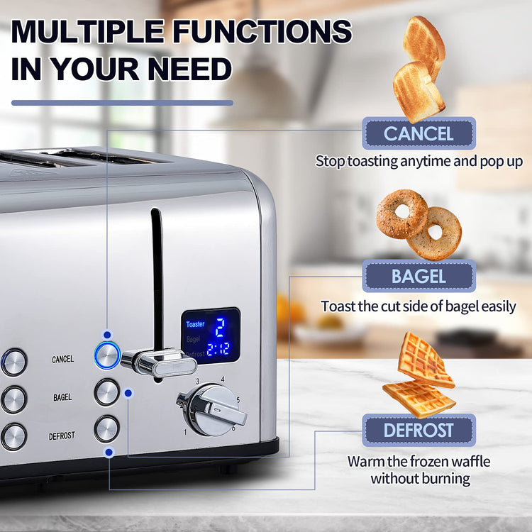 4 Slice Stainless Steel Toaster with Digital Display