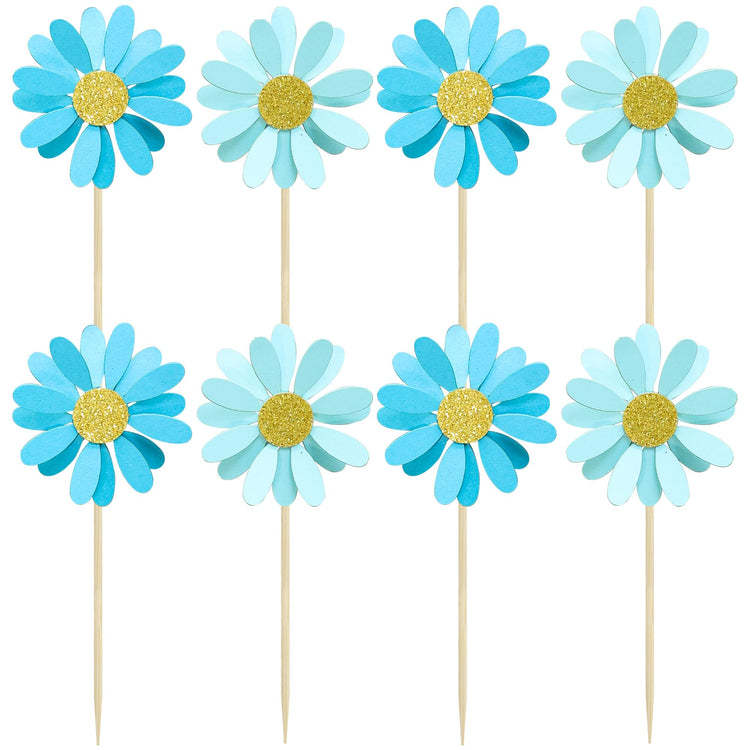 24Pcs Daisy Cupcake Toppers Flower Cake Topper Decorations Daisy Cake Decorations Chrysanthemum Cupcake Toppers Spring Daisy Flower Cake Picks for Birthday Wedding Supplies Blue (24 Count)